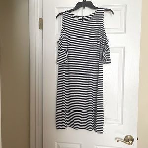 Black & white striped cold shoulder dress with bell sleeve